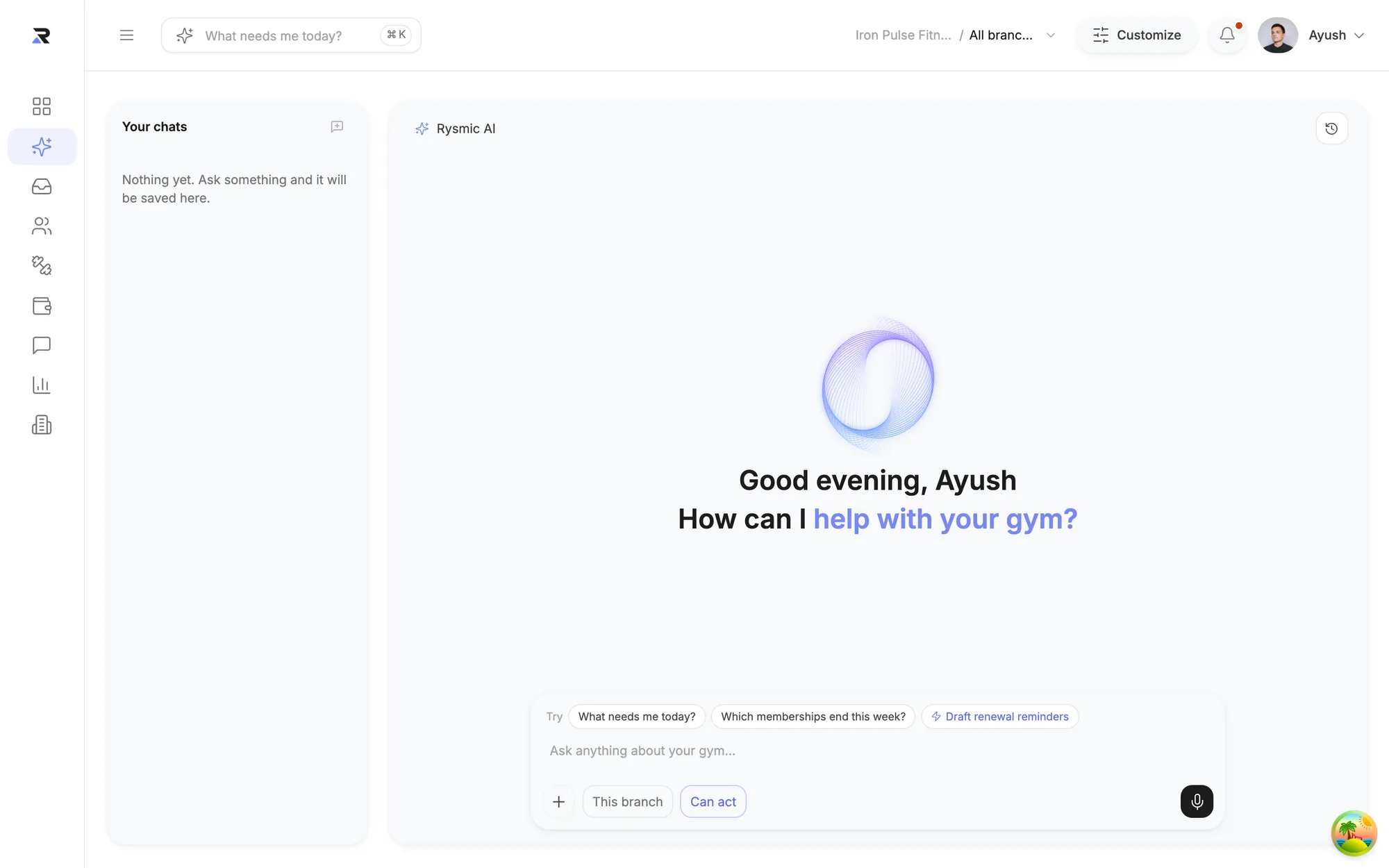 A new Rysmic AI chat: the orb, a greeting and three starter questions